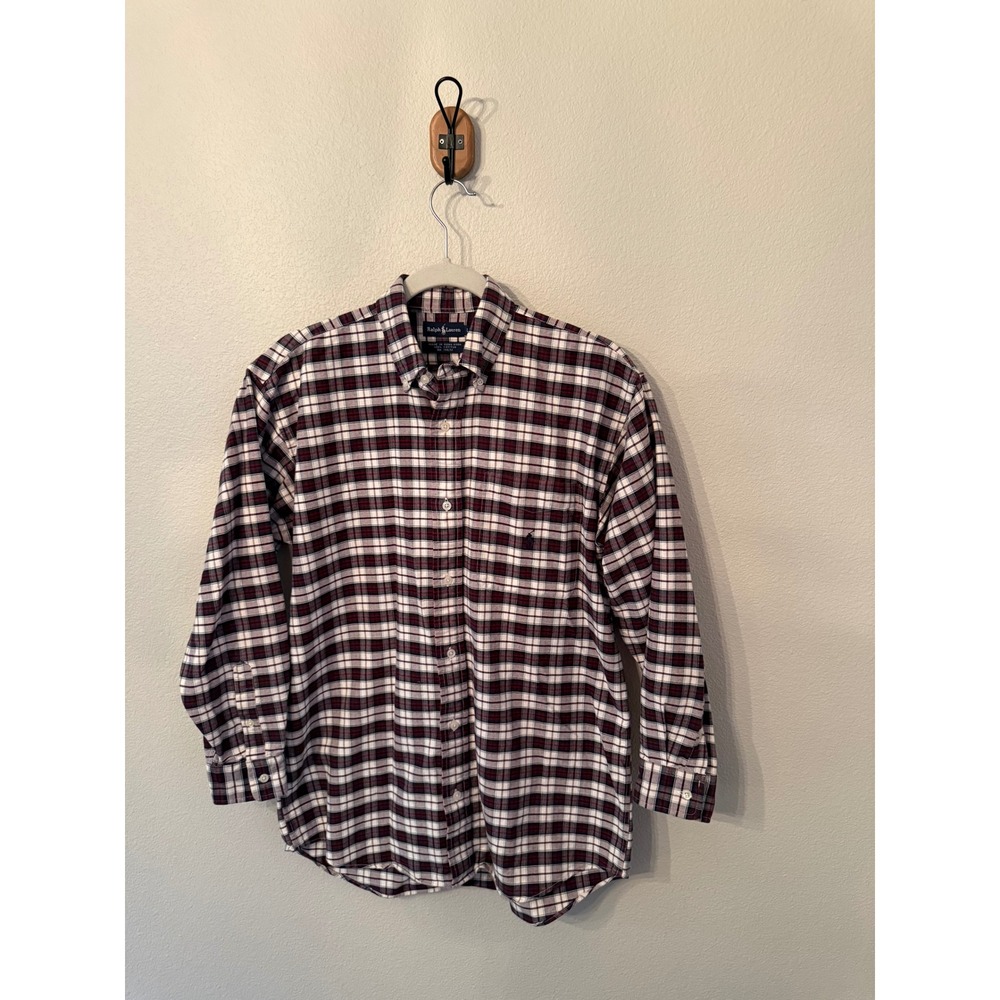 Ralph Lauren Button Down Shirt Mens Large Burgundy Plaid Excellent Cotton Pony